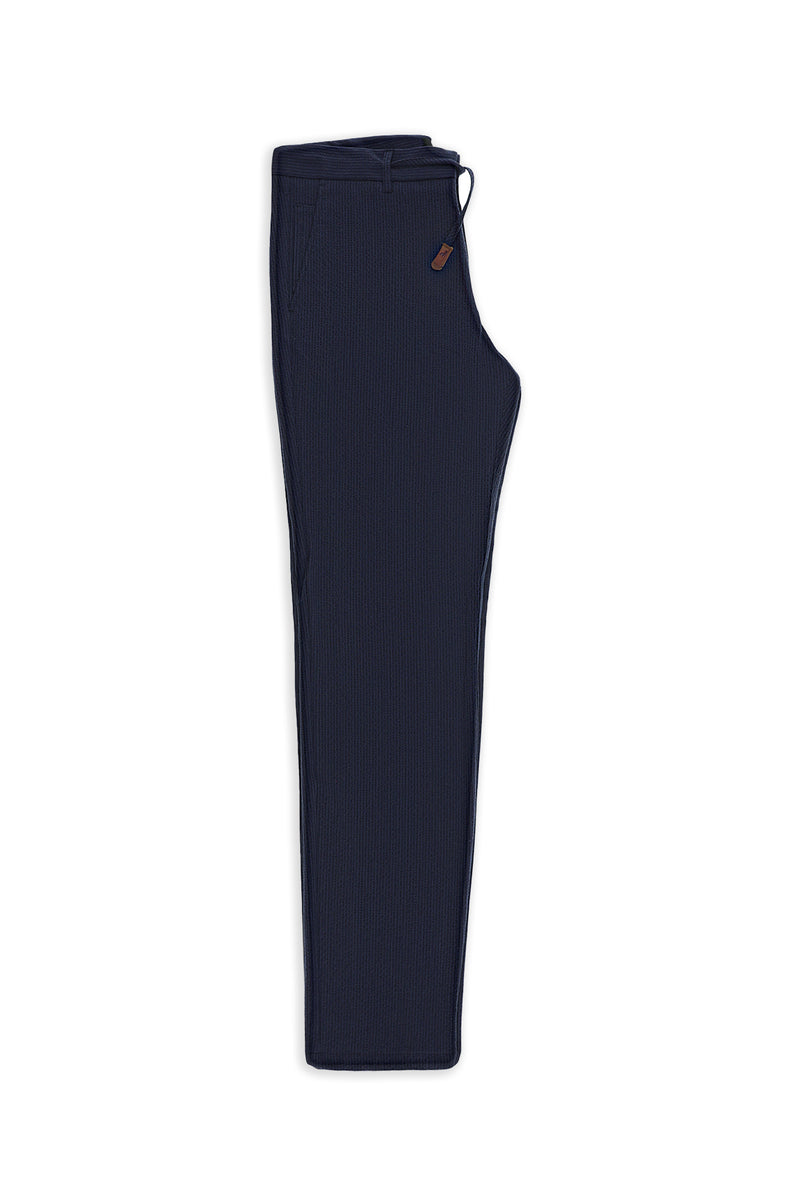 Koyu Lacivert Regular Fit Beli İpli Likralı Gofre Klasik Kumaş Pantolon