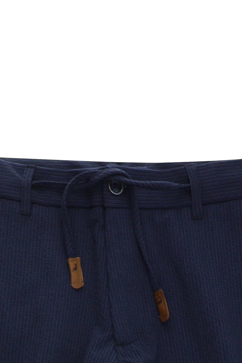 Koyu Lacivert Regular Fit Beli İpli Likralı Gofre Klasik Kumaş Pantolon
