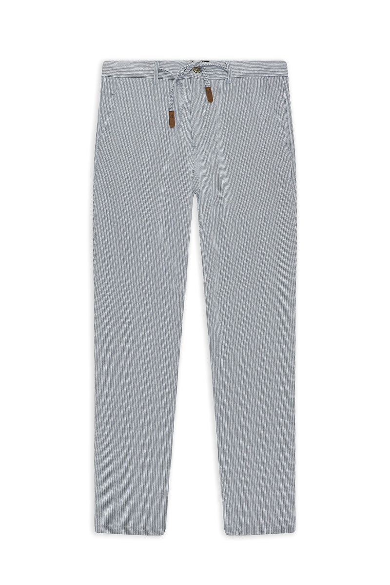 Beyaz-Lacivert Regular Fit Beli İpli Likralı Gofre Klasik Kumaş Pantolon