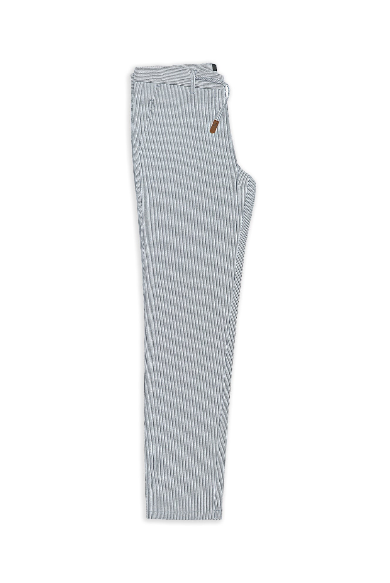 Beyaz-Lacivert Regular Fit Beli İpli Likralı Gofre Klasik Kumaş Pantolon