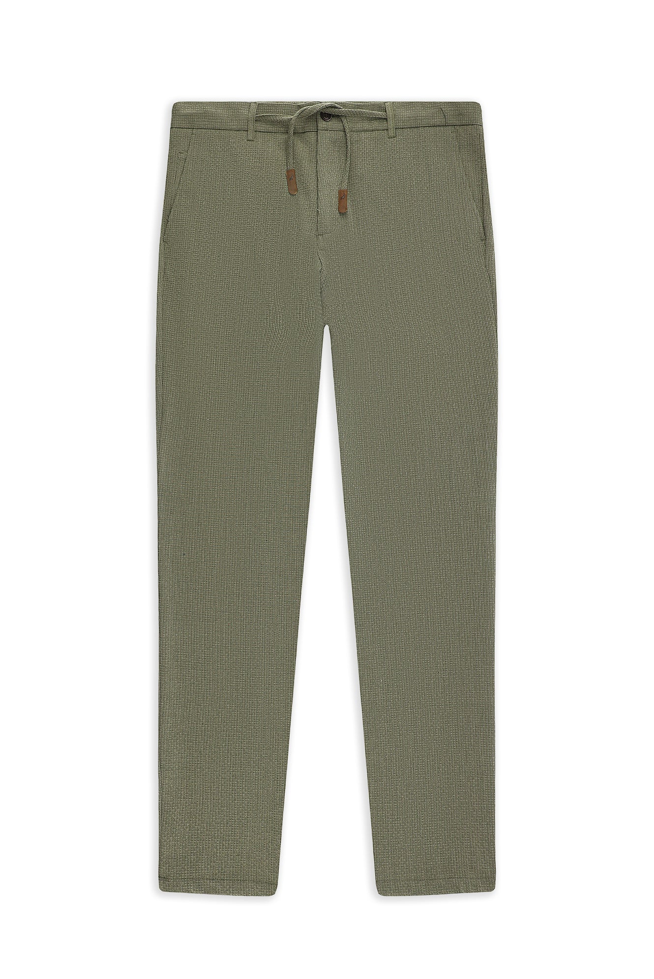 Açık Haki Regular Fit Beli İpli Likralı Gofre Klasik Kumaş Pantolon