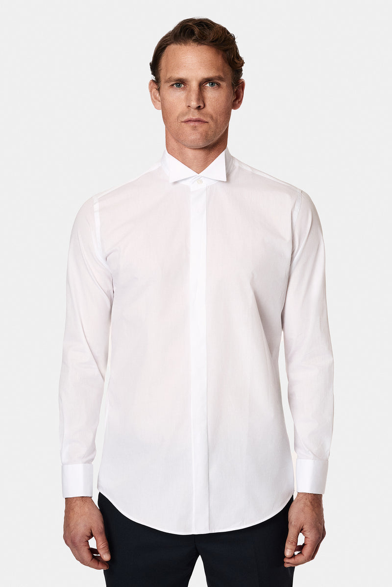 Beyaz Ata Yaka Slim Fit Dar Kesim Pamuk Manşetli Gömlek