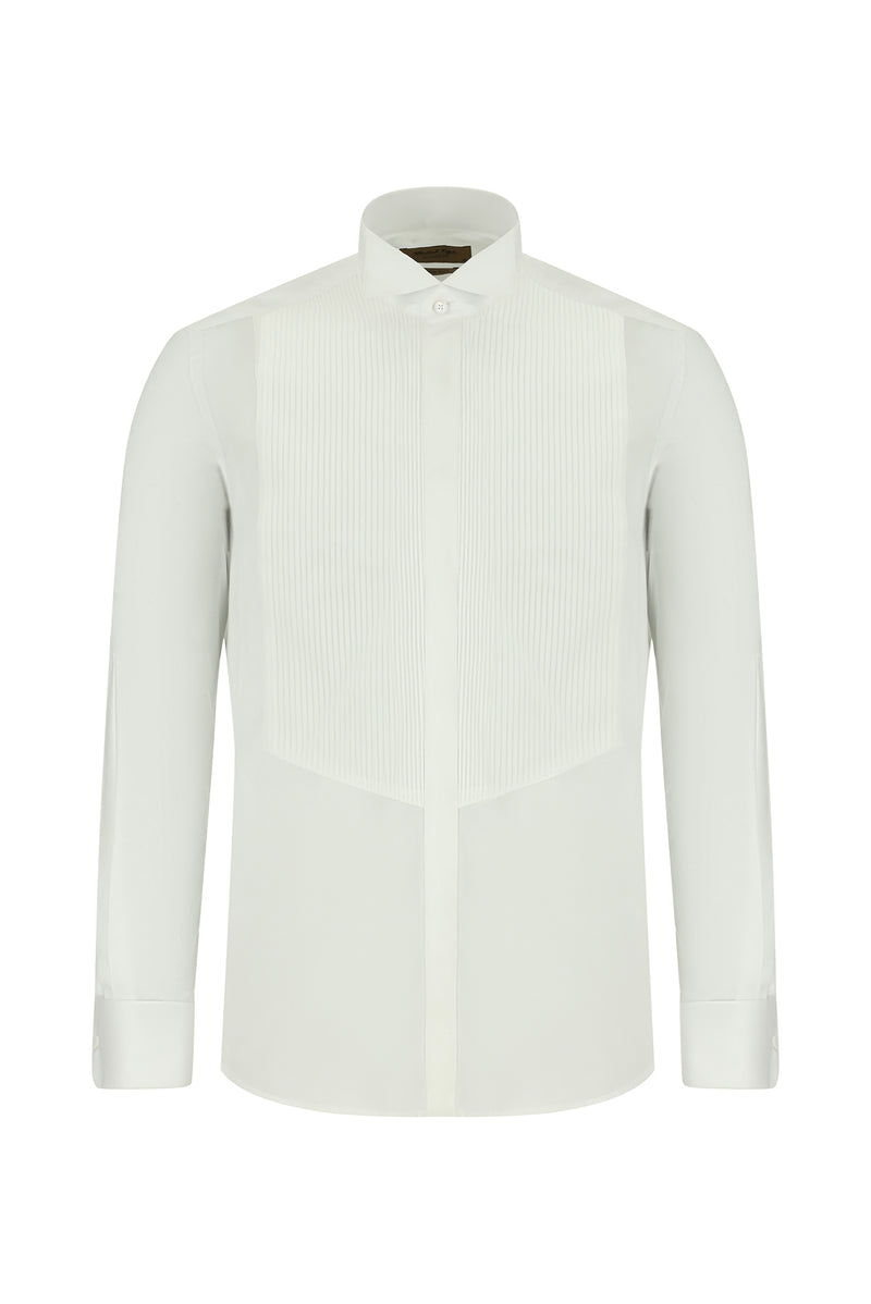 Beyaz Ata Yaka Slim Fit Dar Kesim Pamuk Piliseli Gömlek