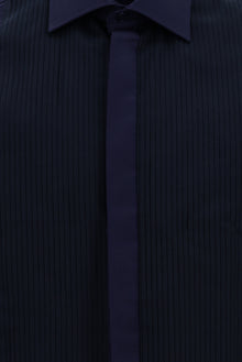Orta Lacivert Uzun Kol Slim Fit Dar Kesim Pamuk Piliseli Gömlek