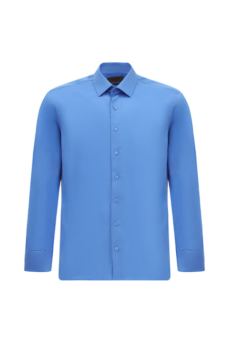 Koyu Mavi  Uzun Kol Slim Fit Dar Kesim Manşetli Pamuk Gömlek