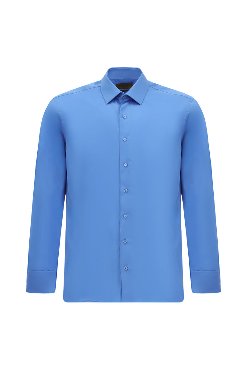 Koyu Mavi  Uzun Kol Slim Fit Dar Kesim Manşetli Pamuk Gömlek