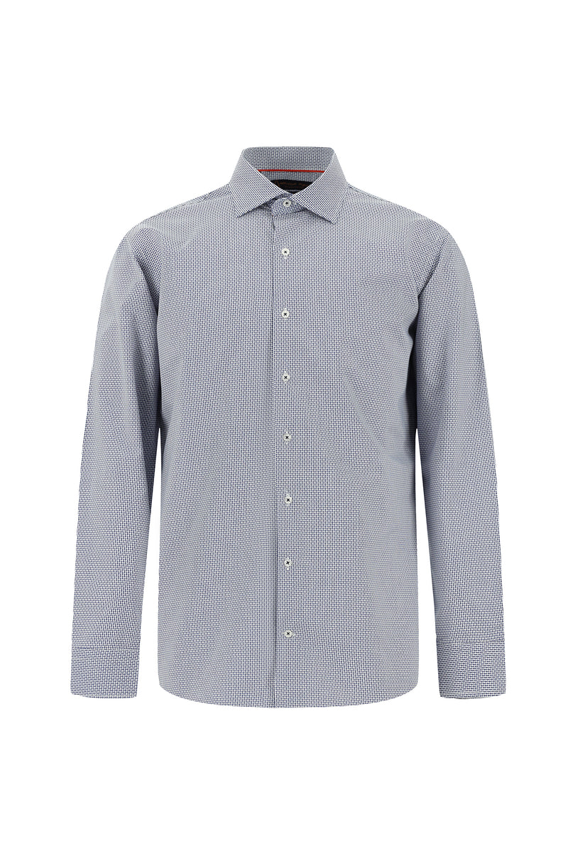 Koyu Lacivert Uzun Kol Slim Fit Dar Kesim Desenli Pamuk Gömlek