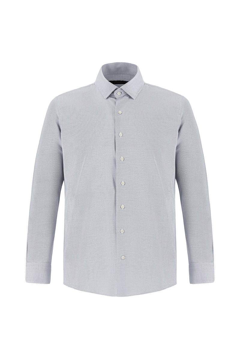 Açık Lacivert Uzun Kol Slim Fit Dar Kesim Klasik Desenli Pamuk Gömlek