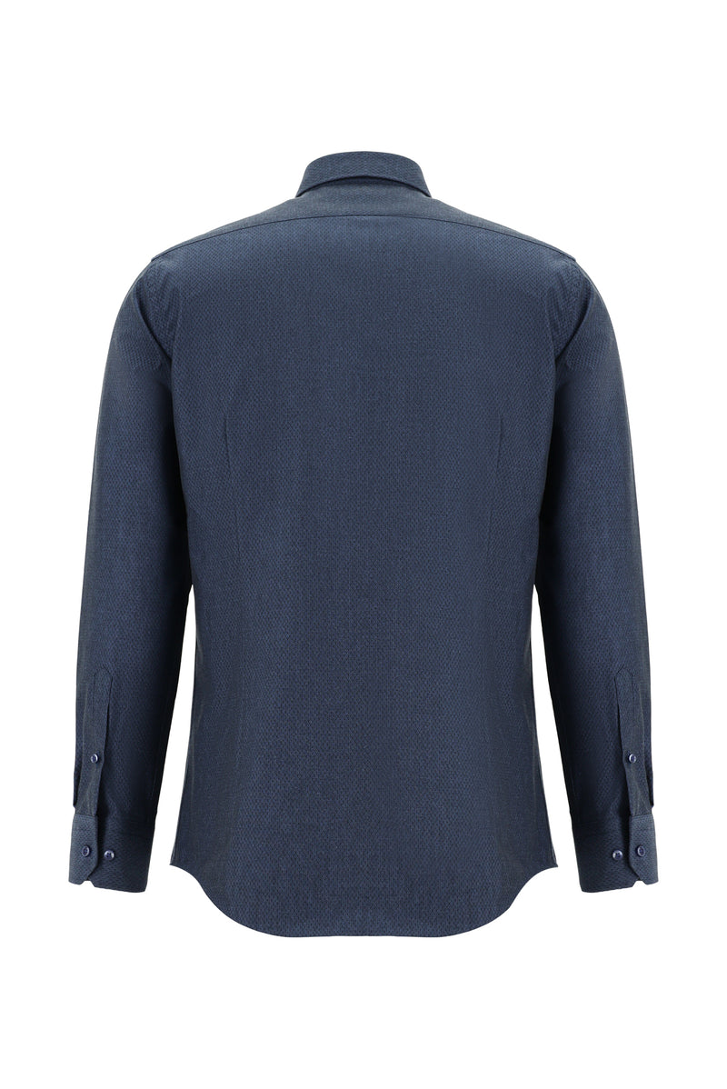 Koyu Lacivert Uzun Kol Slim Fit Dar Kesim Desenli Pamuk Gömlek
