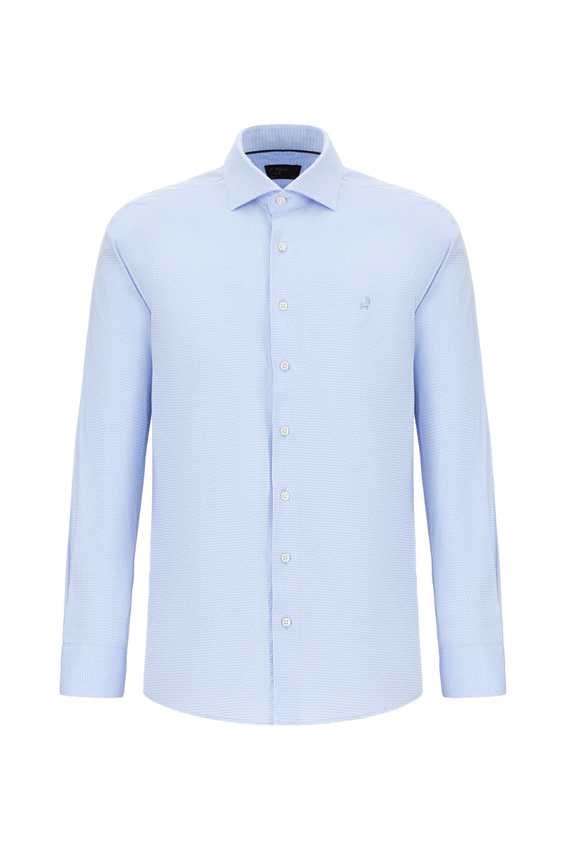 Açık Mavi Uzun Kol Slim Fit Dar Kesim Desenli Pamuk Gömlek