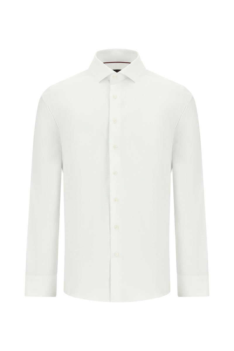 Beyaz Uzun Kol Slim Fit Dar Kesim Desenli Pamuk Gömlek