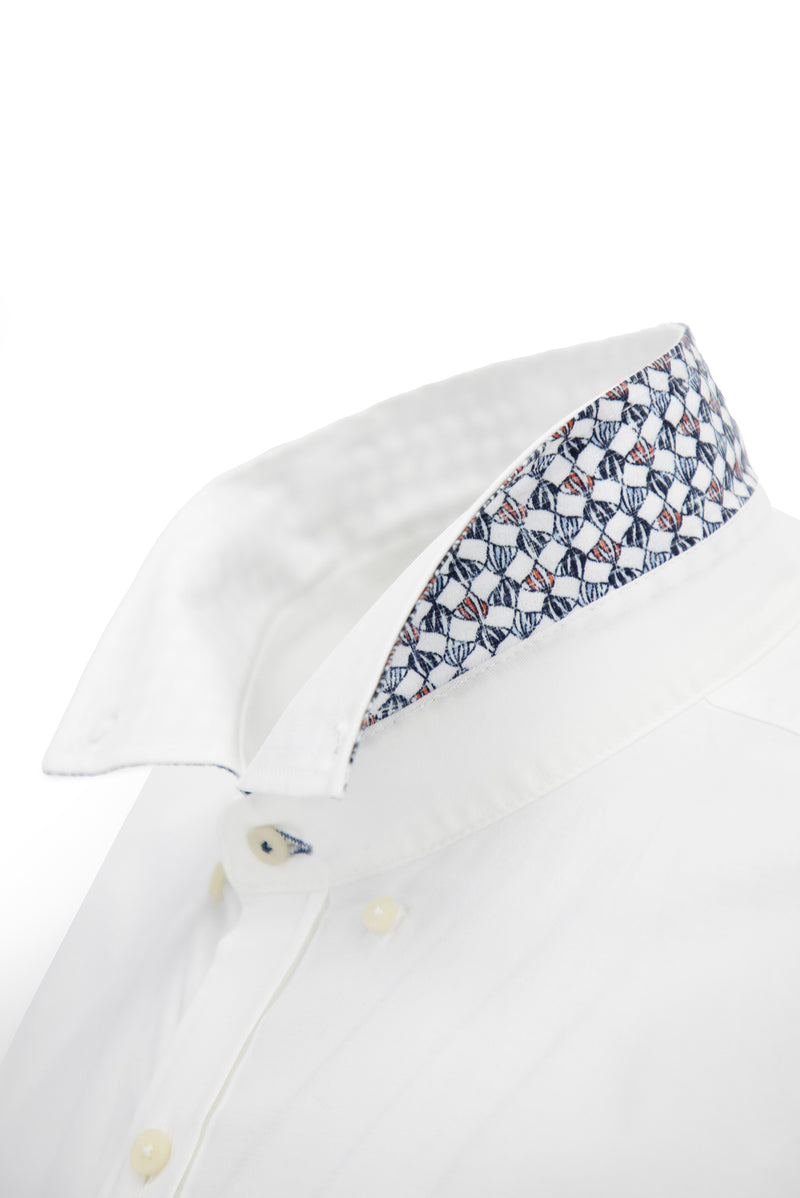 Beyaz Uzun Kol Regular Fit Desenli Pamuklu Gömlek