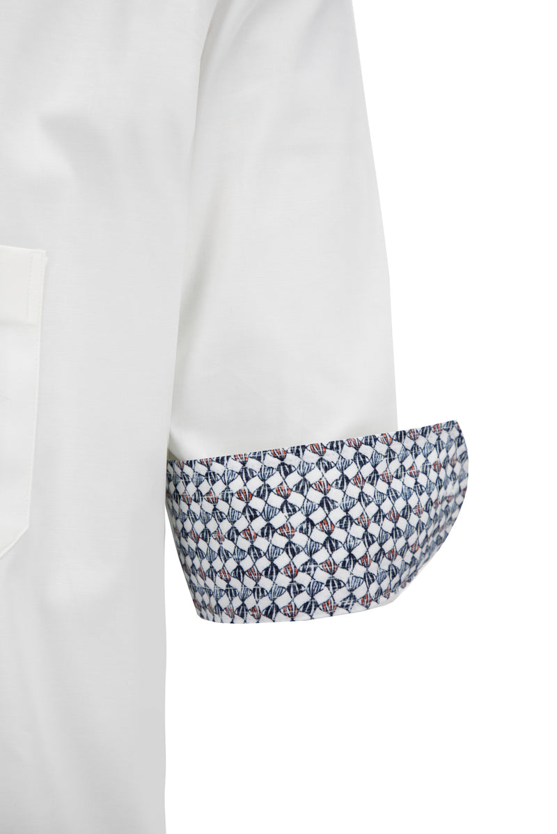 Beyaz Uzun Kol Regular Fit Desenli Pamuklu Gömlek