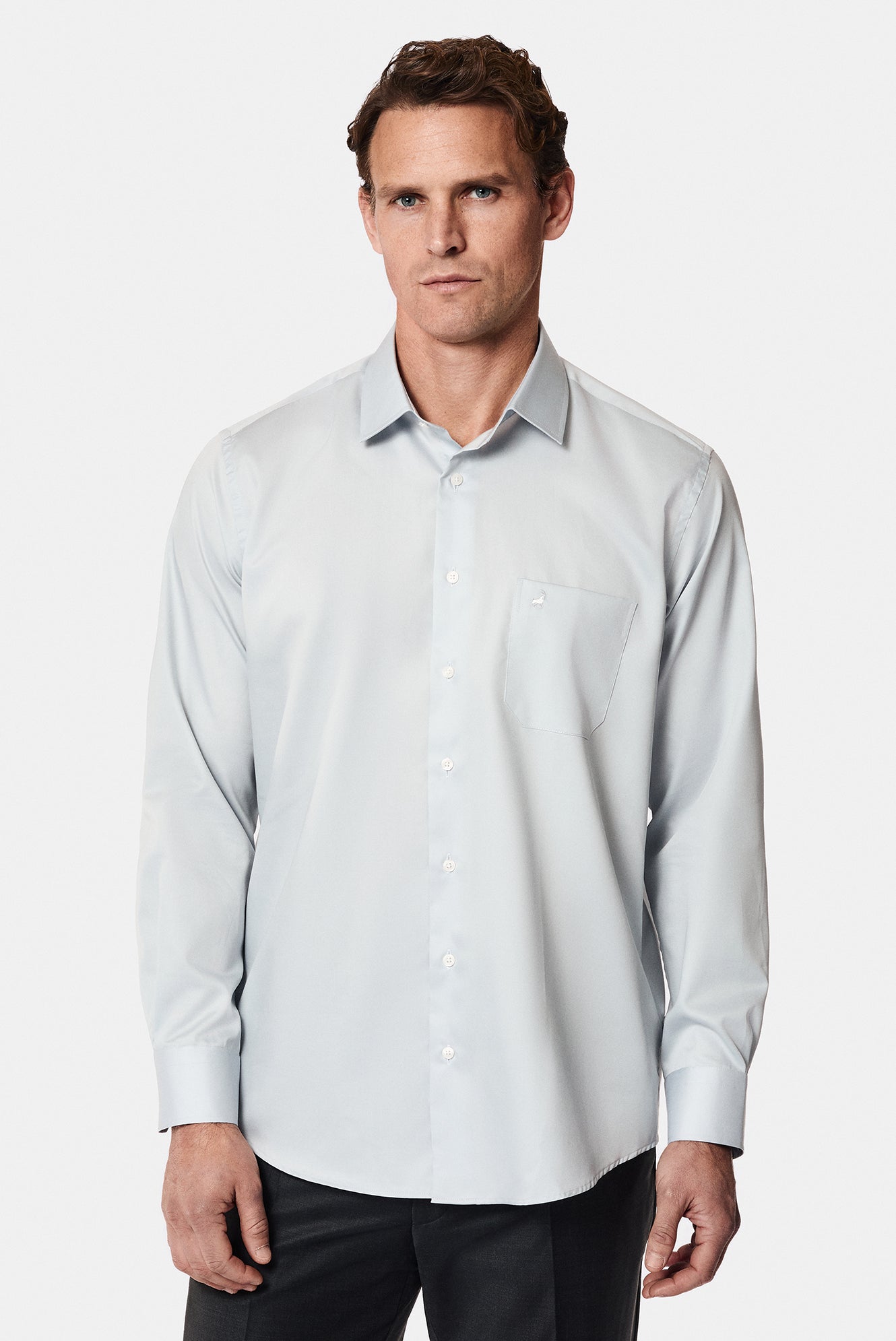 Orta Gri Uzun Kol Klasik Cepli Non Iron Saten Pamuk Gömlek