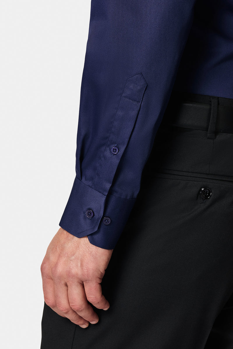 Koyu Lacivert Uzun Kol Non Iron Saten Klasik Pamuk Gömlek