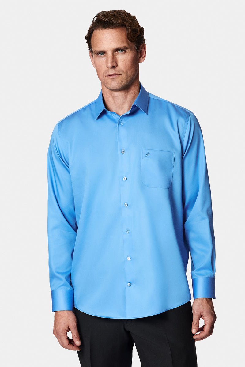 Koyu Mavi  Uzun Kol Non Iron Saten Klasik Pamuk Gömlek