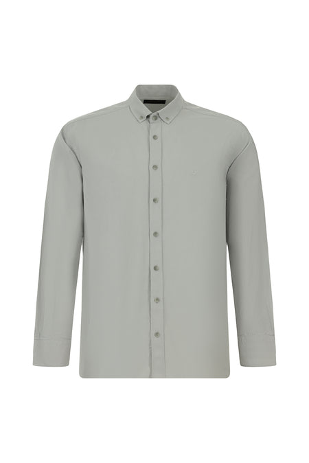 Açık Gri Uzun Kol Regular Fit Pamuk Düğmeli Yaka Oxford Gömlek