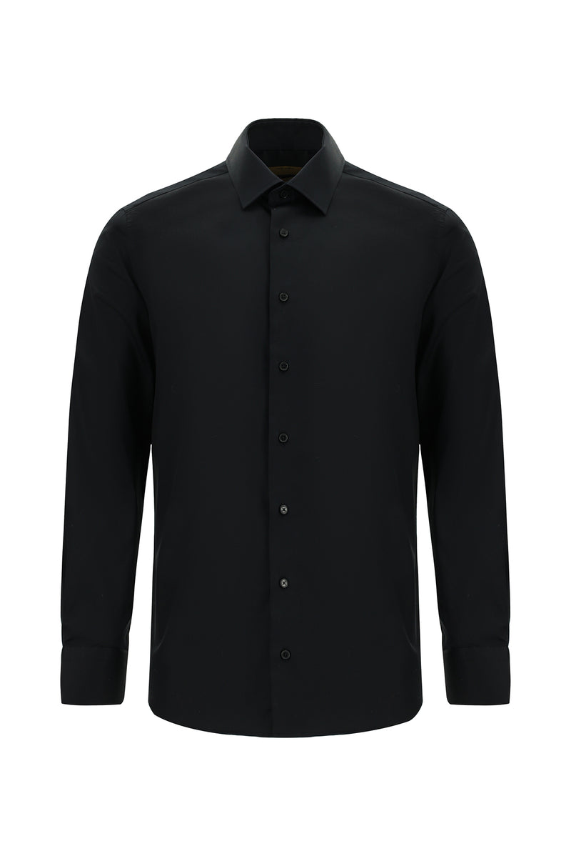 Siyah Uzun Kol Slim Fit Dar Kesim Klasik Non Iron Saten Pamuk Gömlek
