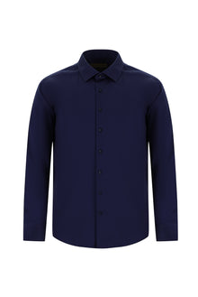 Koyu Lacivert Uzun Kol Slim Fit Dar Kesim Klasik Non Iron Saten Pamuk Gömlek