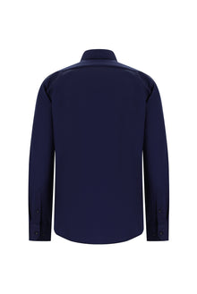 Koyu Lacivert Uzun Kol Slim Fit Dar Kesim Klasik Non Iron Saten Pamuk Gömlek