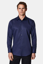 Koyu Lacivert Uzun Kol Slim Fit Dar Kesim Non Iron Klasik Saten Pamuk Gömlek