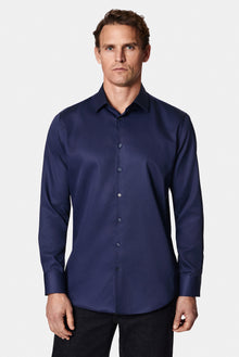 Koyu Lacivert Uzun Kol Slim Fit Dar Kesim Non Iron Klasik Saten Pamuk Gömlek