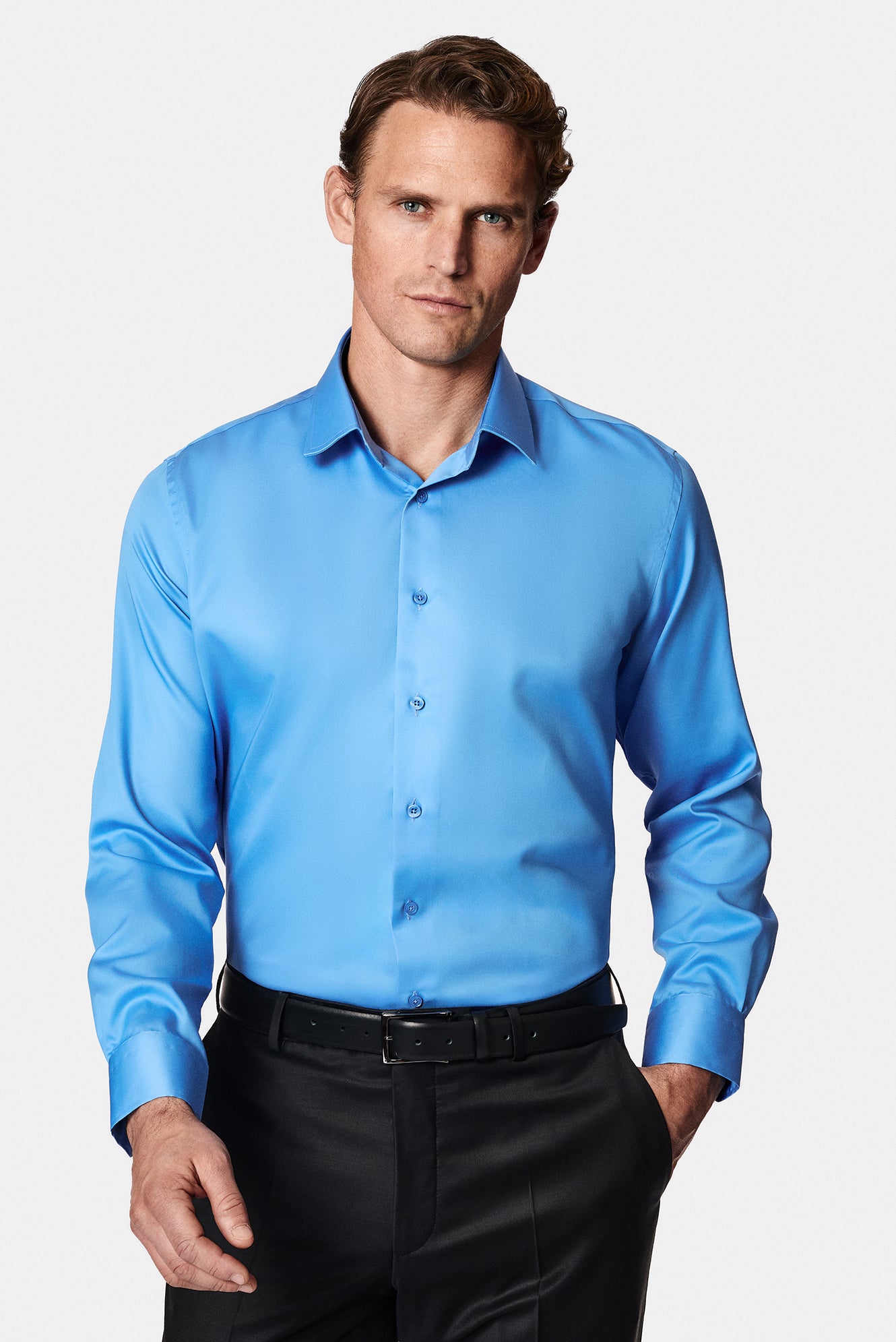 Koyu Mavi  Uzun Kol Slim Fit Dar Kesim Non Iron Klasik Saten Pamuk Gömlek