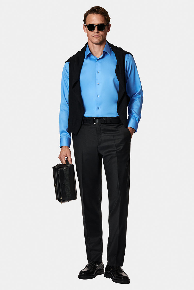 Koyu Mavi  Uzun Kol Slim Fit Dar Kesim Non Iron Klasik Saten Pamuk Gömlek