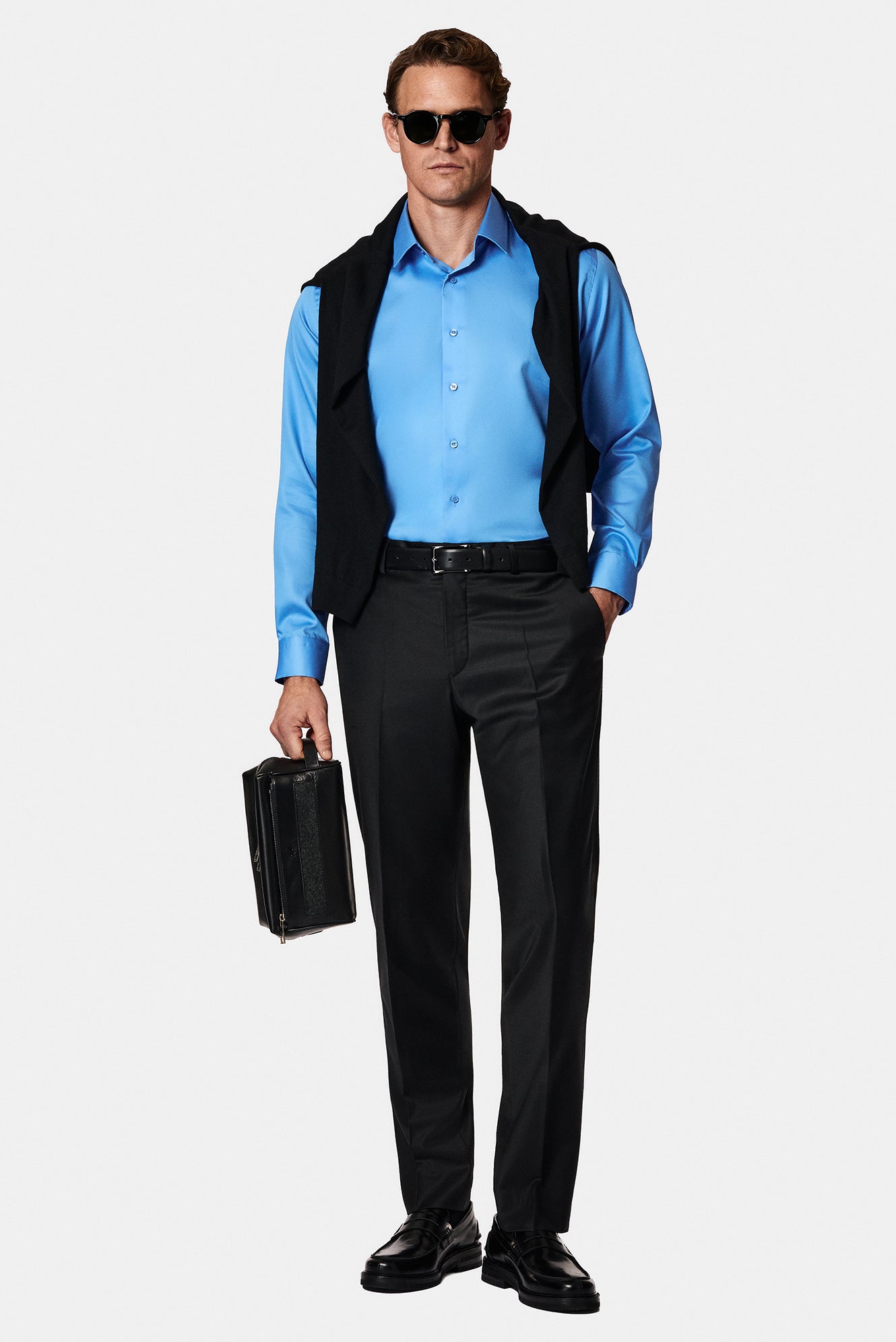 Koyu Mavi  Uzun Kol Slim Fit Dar Kesim Non Iron Klasik Saten Pamuk Gömlek-Abdullah Ki??l?