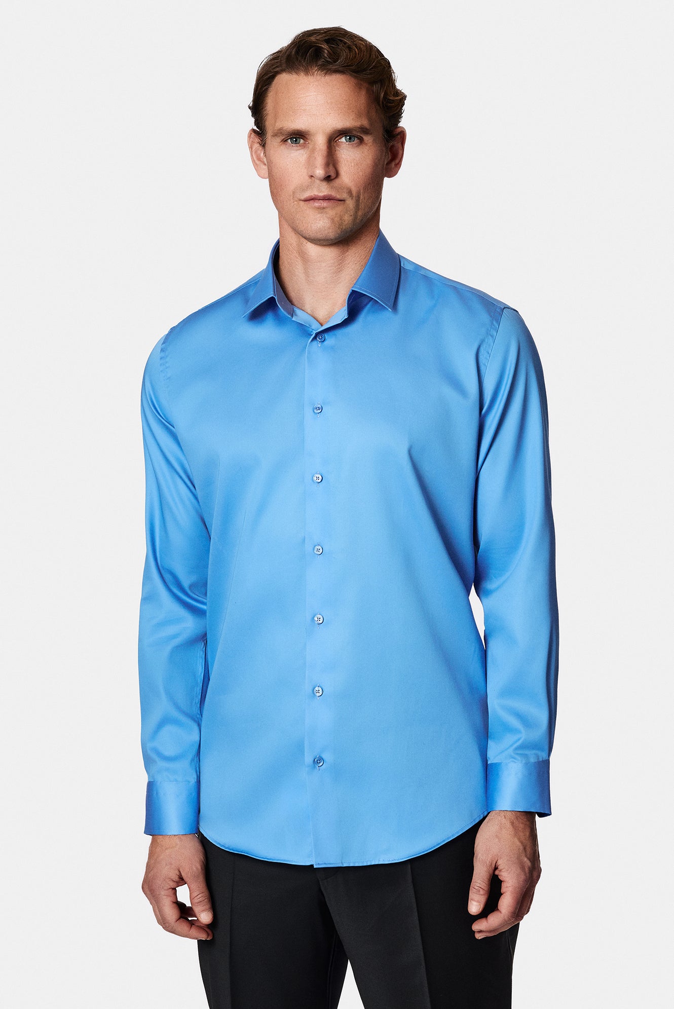 Koyu Mavi  Uzun Kol Slim Fit Dar Kesim Non Iron Klasik Saten Pamuk Gömlek