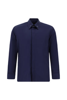 Orta Lacivert Uzun Kol Slim Fit Dar Kesim Klasik Non Iron Saten Pamuk Gömlek-Abdullah Ki??l?