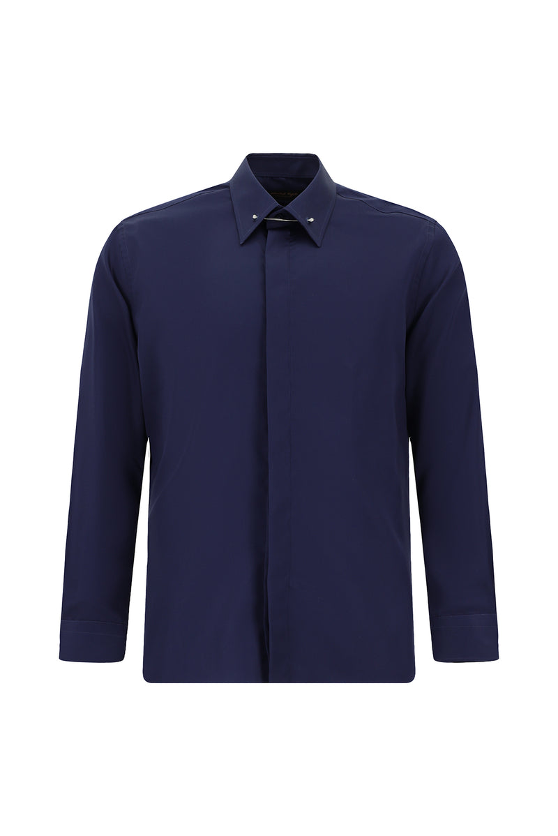 Orta Lacivert Uzun Kol Slim Fit Dar Kesim Klasik Non Iron Saten Pamuk Gömlek