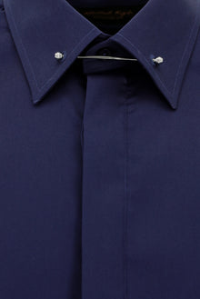 Orta Lacivert Uzun Kol Slim Fit Dar Kesim Klasik Non Iron Saten Pamuk Gömlek