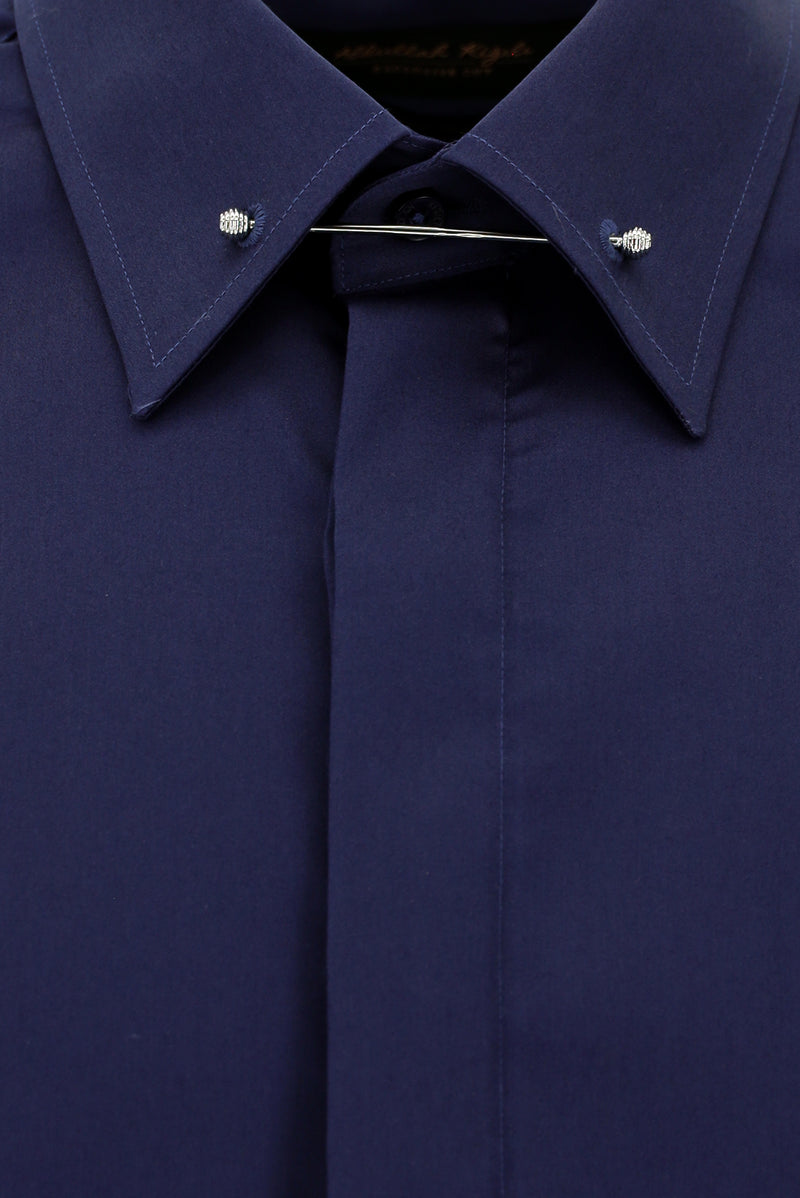 Orta Lacivert Uzun Kol Slim Fit Dar Kesim Klasik Non Iron Saten Pamuk Gömlek