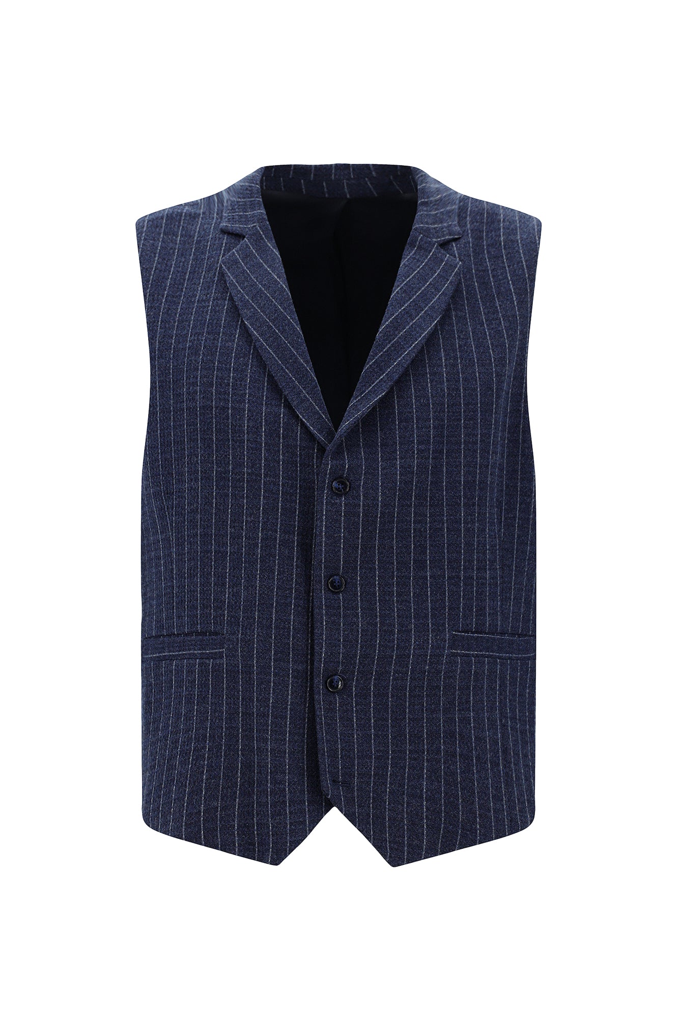 Orta Lacivert Slim Fit Dar Kesim Yünlü Çizgili Kruvaze Klasik Yelek