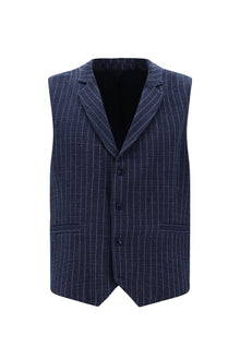 Orta Lacivert Slim Fit Dar Kesim Yünlü Çizgili Kruvaze Klasik Yelek