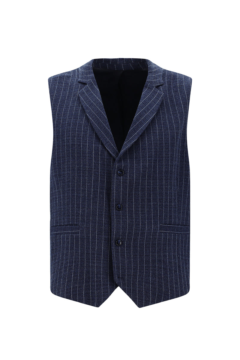 Orta Lacivert Slim Fit Dar Kesim Yünlü Çizgili Kruvaze Klasik Yelek