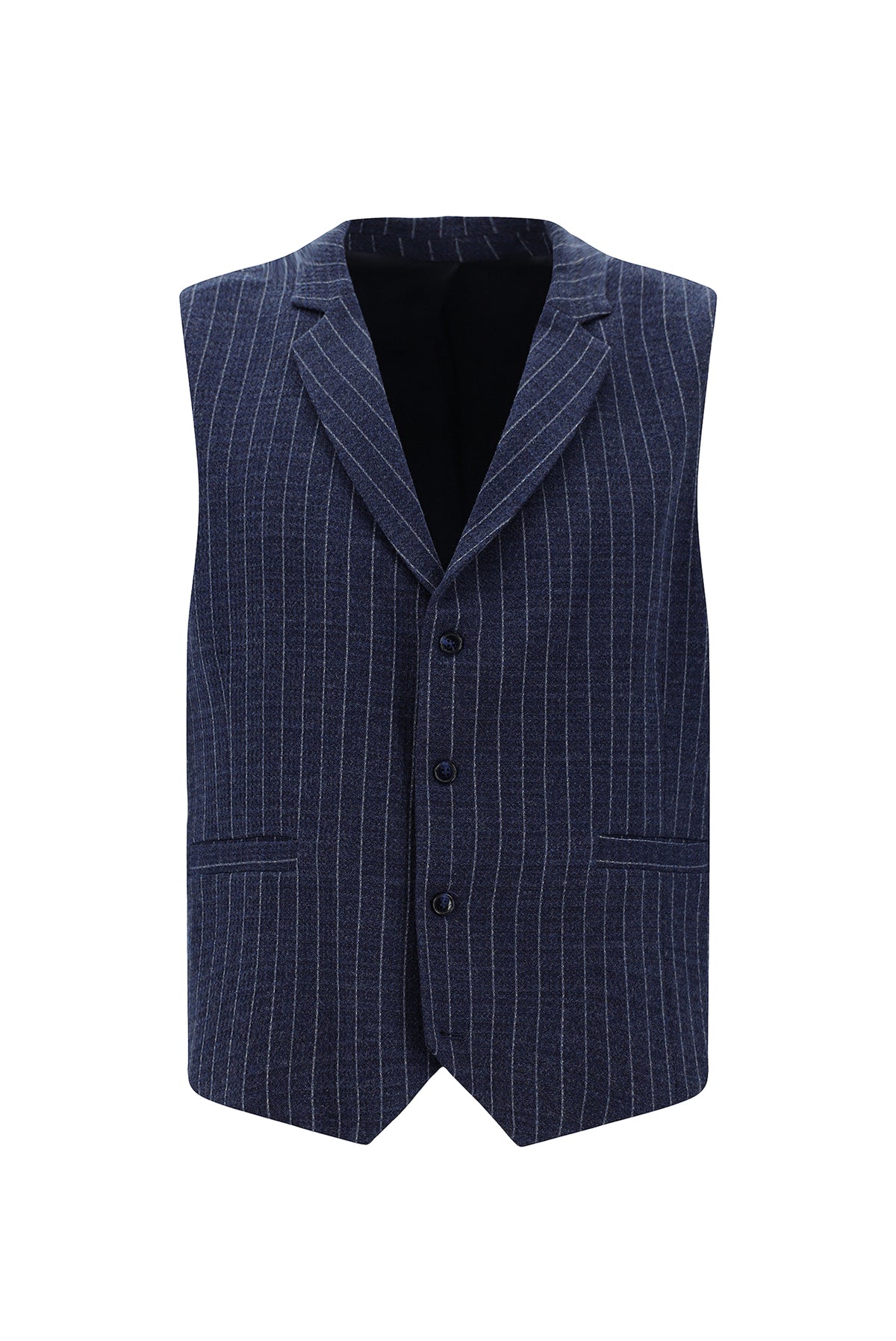 Orta Lacivert Slim Fit Dar Kesim Yünlü Çizgili Kruvaze Klasik Yelek