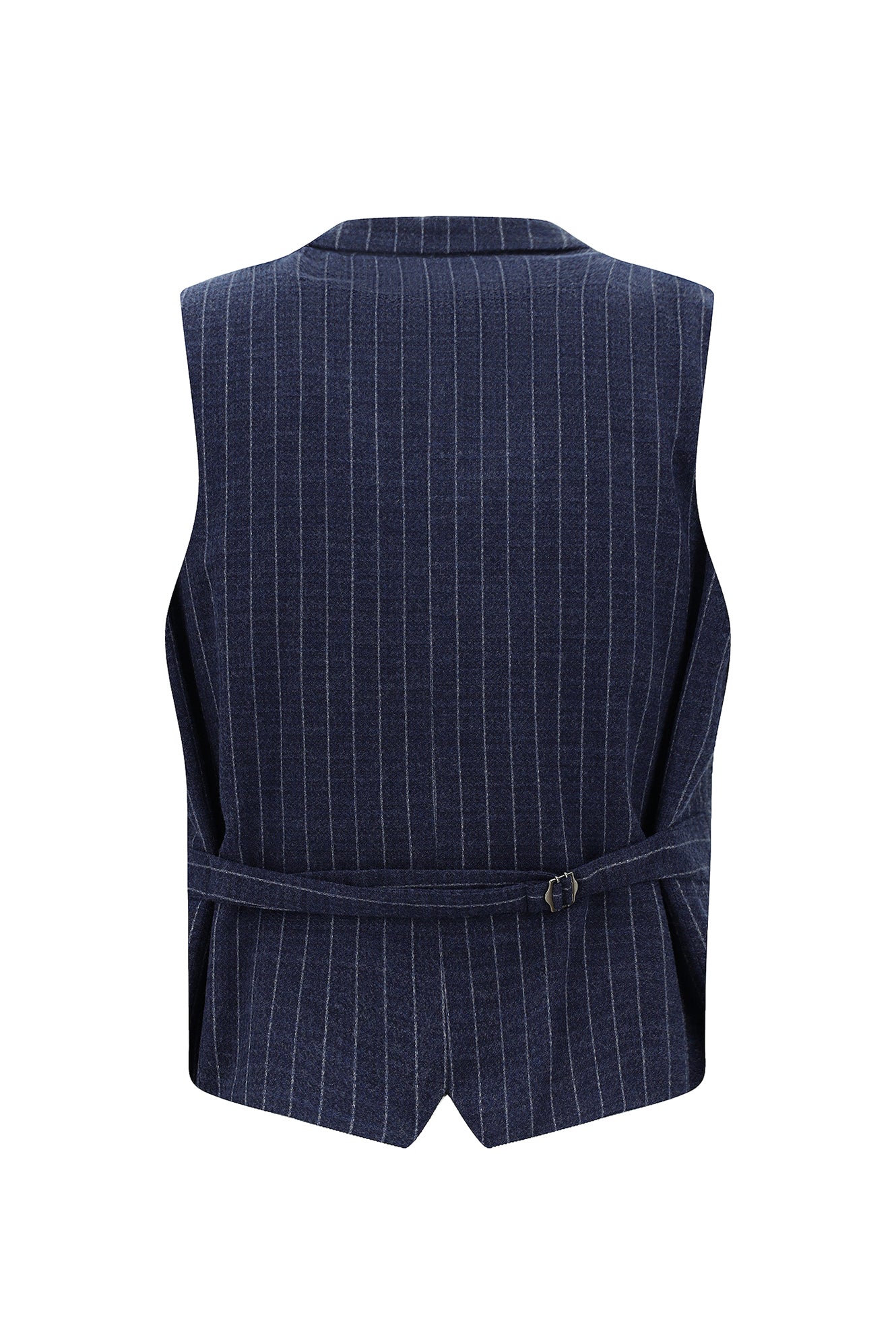 Orta Lacivert Slim Fit Dar Kesim Yünlü Çizgili Kruvaze Klasik Yelek