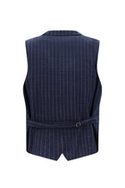 Orta Lacivert Slim Fit Dar Kesim Yünlü Çizgili Kruvaze Klasik Yelek