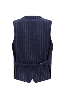 Orta Lacivert Slim Fit Dar Kesim Yünlü Çizgili Kruvaze Klasik Yelek