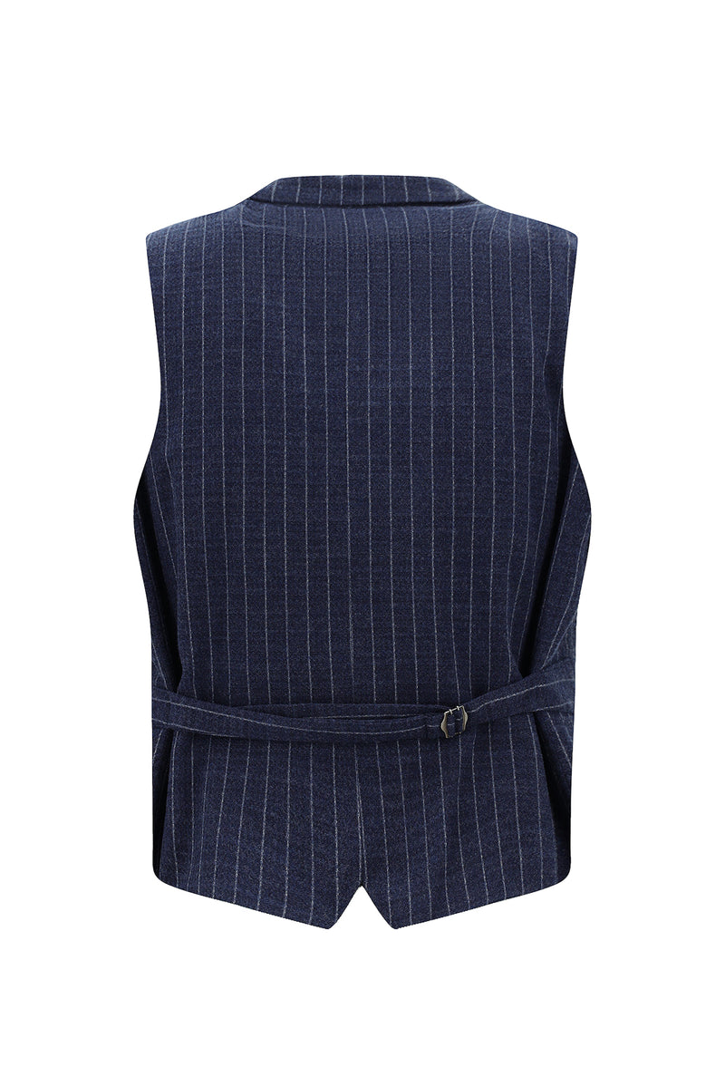 Orta Lacivert Slim Fit Dar Kesim Yünlü Çizgili Kruvaze Klasik Yelek