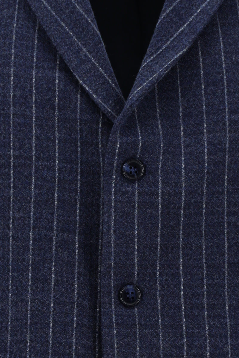 Orta Lacivert Slim Fit Dar Kesim Yünlü Çizgili Kruvaze Klasik Yelek