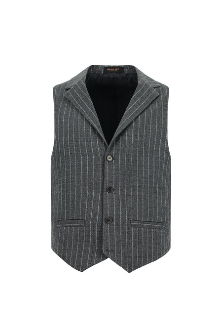 Koyu Antrasit Slim Fit Dar Kesim Yünlü Çizgili Kruvaze Klasik Yelek