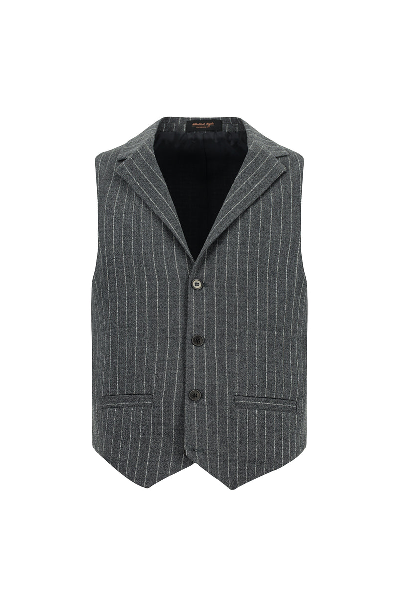 Koyu Antrasit Slim Fit Dar Kesim Yünlü Çizgili Kruvaze Klasik Yelek