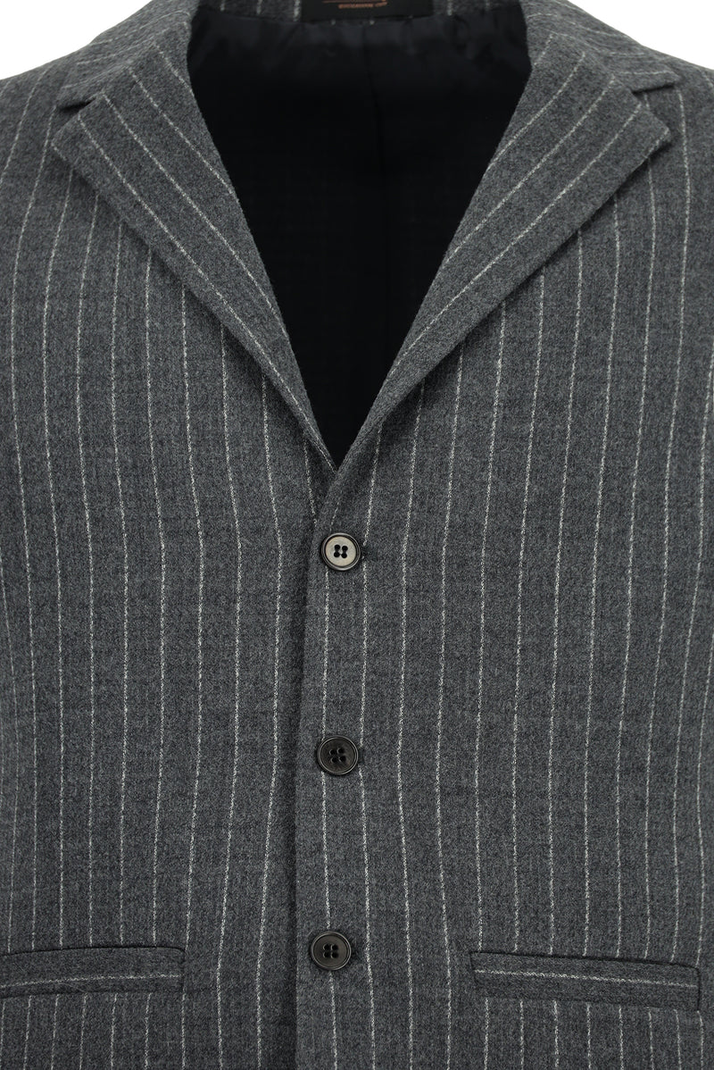 Koyu Antrasit Slim Fit Dar Kesim Yünlü Çizgili Kruvaze Klasik Yelek