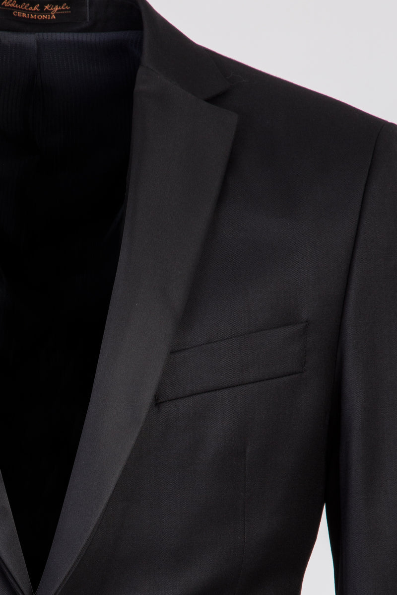 Siyah Slim Fit Dar Kesim Mono Yaka Yünlü Smokin & Damatlık