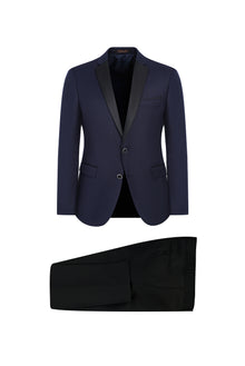 Koyu Lacivert Slim Fit Dar Kesim Mono Yaka Yünlü Smokin & Damatlık