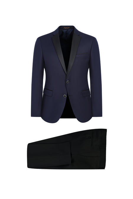 Koyu Lacivert Slim Fit Dar Kesim Mono Yaka Yünlü Smokin & Damatlık