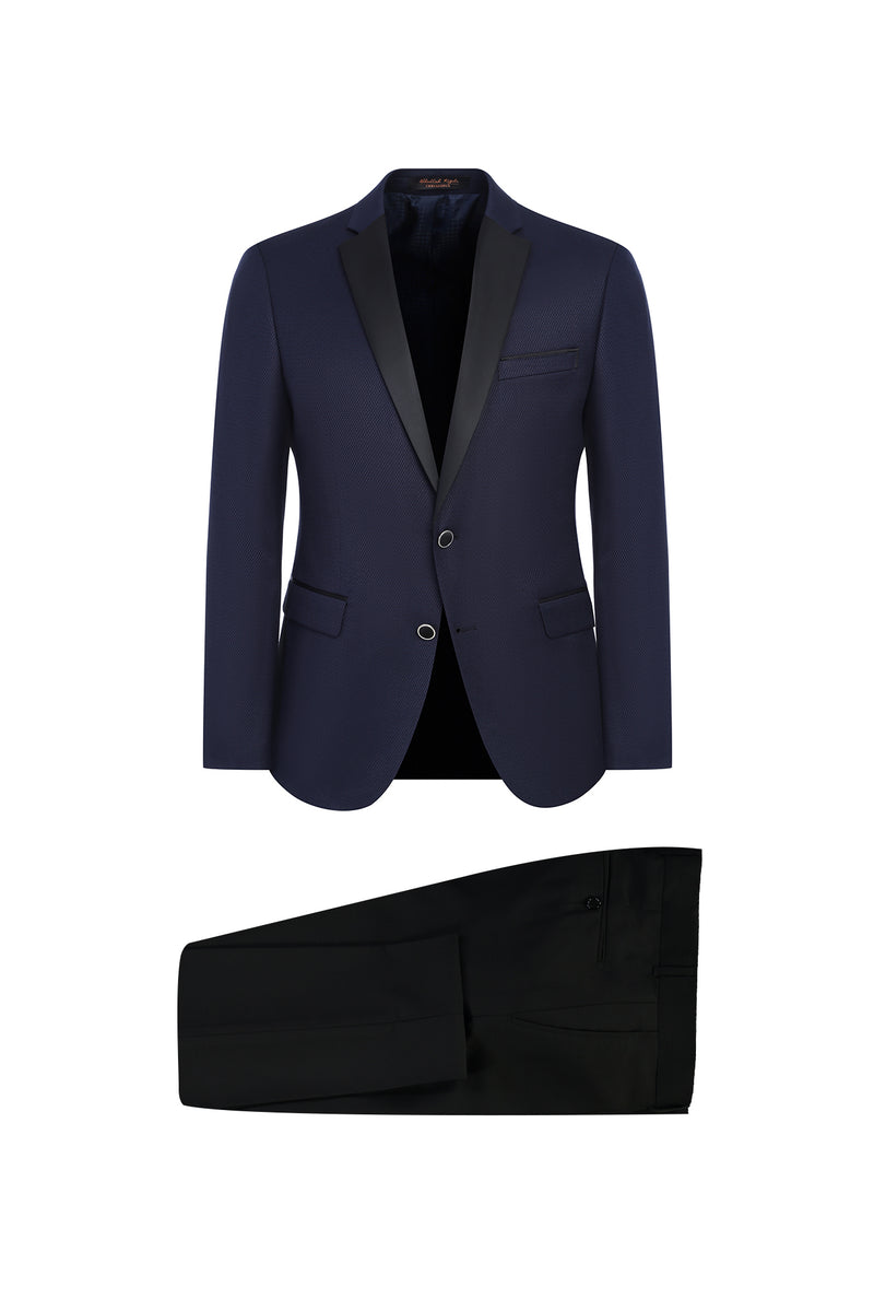 Koyu Lacivert Slim Fit Dar Kesim Mono Yaka Yünlü Smokin / Damatlık